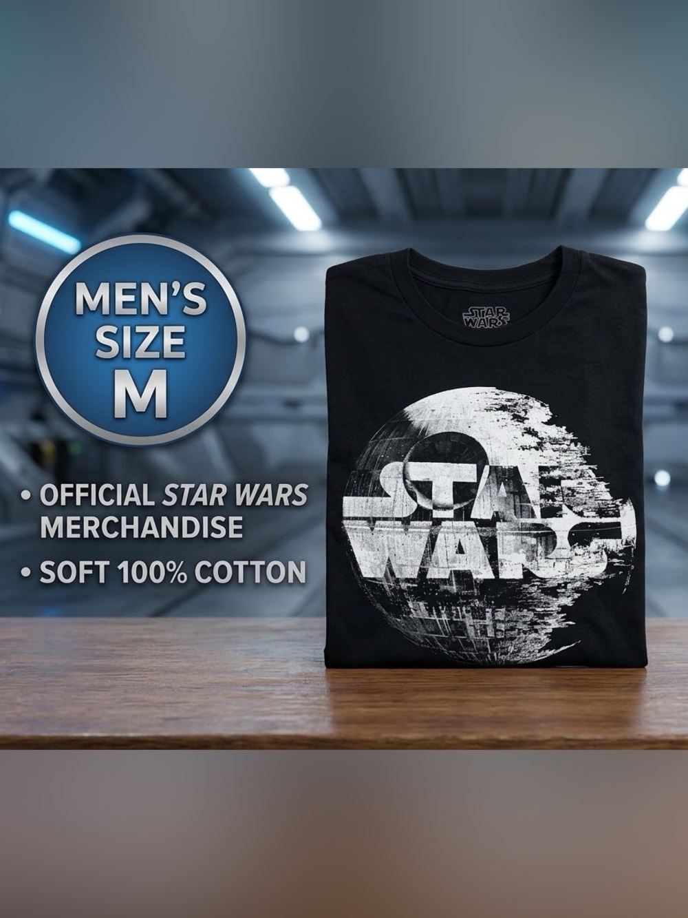 Official Star Wars Death Star Graphic T-Shirt – Men's Size M Black, 100% Cotton